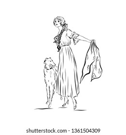 Lady in vintage style with dog. Woman dressed in long dress. Drawing for coloring. Graphic female silhouette.