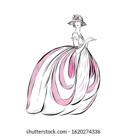 Lady in vintage style from the nineteenth century. Woman dressed in long ball dress with pink elements and cap with flowers. Drawing for coloring. Graphic female silhouette.