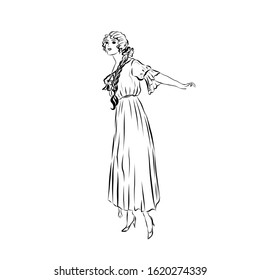 Lady in vintage style from the nineteenth century. Woman dressed in long dress. Drawing for coloring. Graphic female silhouette.