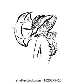 Lady in vintage style under an umbrella in broad-brim hat. Woman from the nineteenth century. Drawing for coloring. Graphic female silhouette.