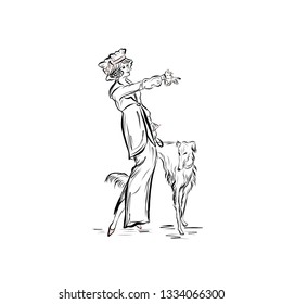 Lady in vintage style walks with beagle dog. Woman dressed in long dress. Drawing for coloring. Graphic silhouette.
