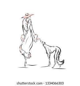 Lady in vintage style walks with beagle dog. Woman dressed in coat with fur and hat. Drawing for coloring. Graphic silhouette. 