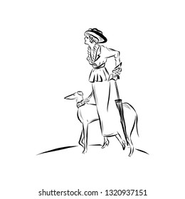 Lady in vintage style walks with dog. Woman dressed in long dress, hat holds an umbrella. Drawing for coloring. 