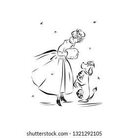 Lady in vintage style walks with dog. Woman in hat with veil, coupling, full ball gown on the floor. Dog standing on its hind legs in front of his mistress. 