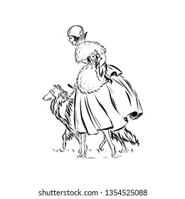 Lady in vintage style walks with dog on leash. Woman dressed in fur coat and hat holding puppy. Drawing for coloring. Graphic silhouette.