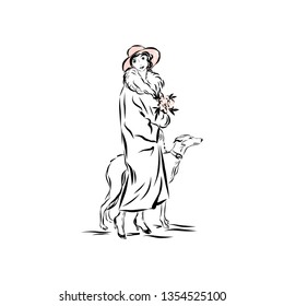 Lady in vintage style walks with dog. Woman dressed in fur coat and hat holding bouquet of flowers. Drawing for coloring. Graphic silhouette.