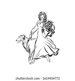 Lady in vintage style walks with dog. Woman dressed in long dress holding bouquet of flowers. Drawing for coloring. Graphic female silhouette.