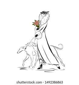 Lady in vintage style walks with dogs on leash. Woman dressed in fur coat, broad-brim hat, gloves and holding bouquet of flowers. Drawing for coloring. Graphic female silhouette.
