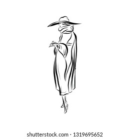 Lady in vintage style. Woman dressed in fur coat, hat. Outfit winter or autumn. Drawing for coloring. Graphic female silhouette.