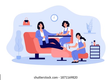 Lady visiting beauty salon for manicure and pedicure. Nail technicians and female client. Vector illustration for beauty care, industry, business concept