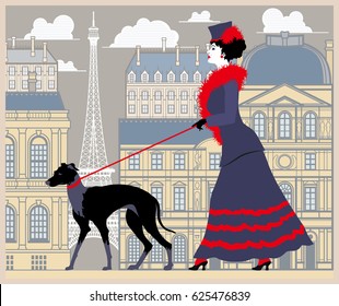 The lady at the walk with the dog in Paris. Handmade drawing vector illustration. Vintage style