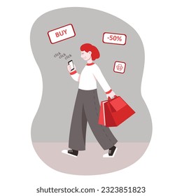 Lady walking with bags, holding mobile phone and paying for goods by smartphone. Online shopping and e-commerce concept. Using mobile app for shopping online. Flat vector illustration