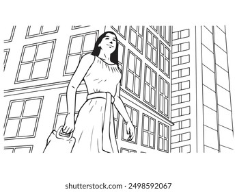 A lady walking with building background. Illustration in black and white and vector format.