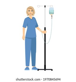 Lady Walking In Corridor With Dropper, Hospital And Healthcare Illustration