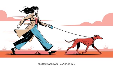 Uma senhora caminha com seu cachorro perto de algumas árvores com céu nublado à distância