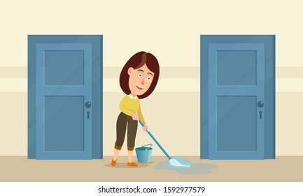 Сleaning lady washes the floor with mop and bucket of water in stairwell, common area. School, office cleaning, housekeeping. Vector illustration, flat design, cartoon style.