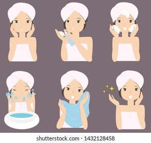 Lady washing face. Beauty concept. Vector illustration on white background.