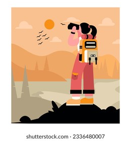 Lady watching at sunset through binoculars. Tourist traveling, visiting attractions. Sporty female with backpack climbed mountain. Flat vector illustration in yellow colors