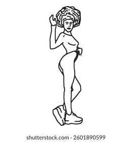 Lady waving to others hand drawn outline illustration. Girl with cool hair standing and waiting to friend, simple drawing. Female model posing for photoshoot pen drawing detail. Attractive woman logo.