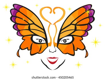 Lady wearing a fancy butterfly mask. Editable Clip art.
