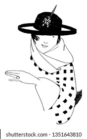 Una dama con sombrero y chaqueta de plumas, dibujo vintage o ilustración de grabado