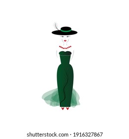 Lady wearing green dress and hat with feather
