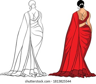 Lady wearing Indian red sari, Vector line art of woman, Beautiful concept for company logo