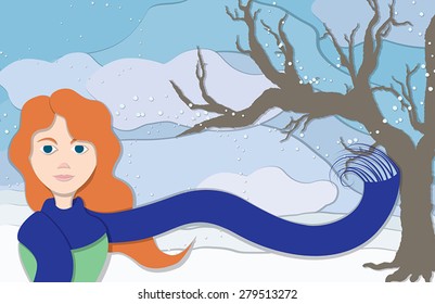 A lady wearing an long blue scarf blowing in the frosty winter wind along with snowflakes and a bare tree to the side in this cup-paper style illustration.