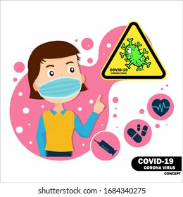 Lady wearing mask for protection virus and pointing to Coronavirus in warningsign board