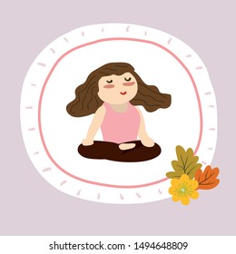 Lady wearing pink sitting maditation in yoga style, vector illustration