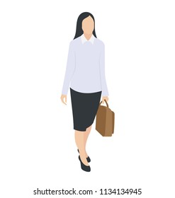 
Lady wearing skirt and blouse with collars carrying purse in hand waking to a meeting, displaying business woman character 
