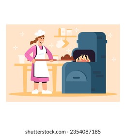 Lady in white apron and protective hat putting bread in oven. Oven modern manufacture with equipment. Colorful vector illustration in blue and yellow colors