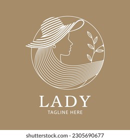 Logo de Lady con sombrero blanco. flor de la cara de la mujer con estilo de arte de líneas. diseño de logotipo y tarjeta de visita.