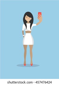 Lady in white makes selfie. There is a young brunette with phone in the picture. Vector illustration
