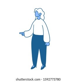 Lady in whitre blouse pointing out at something. Full-length figure of a businesswoman. Flat vector illustration. Isolated on white background