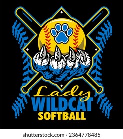 lady wildcat softball team diamond design with claw holding ball for school, college or league sports