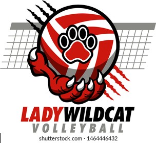 lady wildcat volleyball design with claw holding ball and net for school, college or league