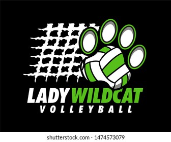 lady wildcat volleyball design with paw print ball and net for school, college or league