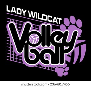 lady wildcat volleyball design with paw prints and net for school, college or league sports