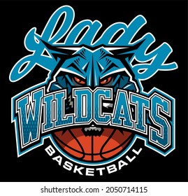 lady wildcats basketball team design with half ball and mascot for school, college or league