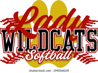 lady wildcats softball team design with stitches and large paw print for school, college or league