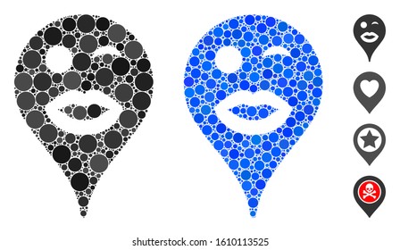Lady wink smiley map marker mosaic of round dots in variable sizes and shades, based on lady wink smiley map marker icon. Vector round dots are united into blue mosaic.