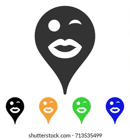 Lady Wink Smiley Map Marker icon. Vector illustration style is a flat iconic lady wink smiley map marker symbol with black, gray, green, blue, yellow color variants.