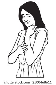 A lady wipes her arm with cloth. Illustration in black and white and vector format. This is not an AI Generated content.
