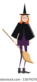 A lady in witch costume with a long broom in hand vector color drawing or illustration 