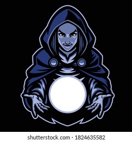 lady witch mascot with magic glass ball