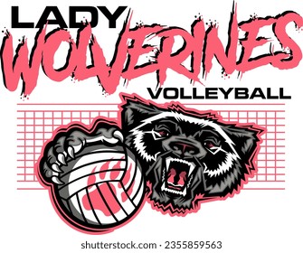 lady wolverines volleyball team design with mascot holding ball for school, college or league sports