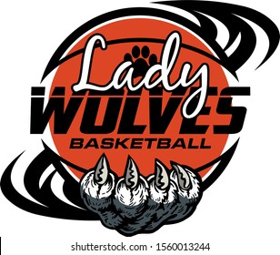 lady wolves basketball team design with claw holding ball for school, college or league