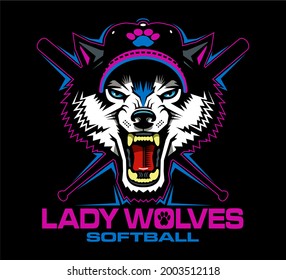 
lady wolves softball team design with mascot head and crossed bats for school, college or league