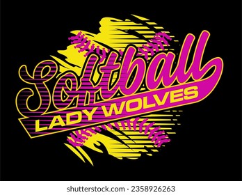 diseño del equipo de softball de lady wolves con bolas y puntos para deportes en la escuela, universidad o liga